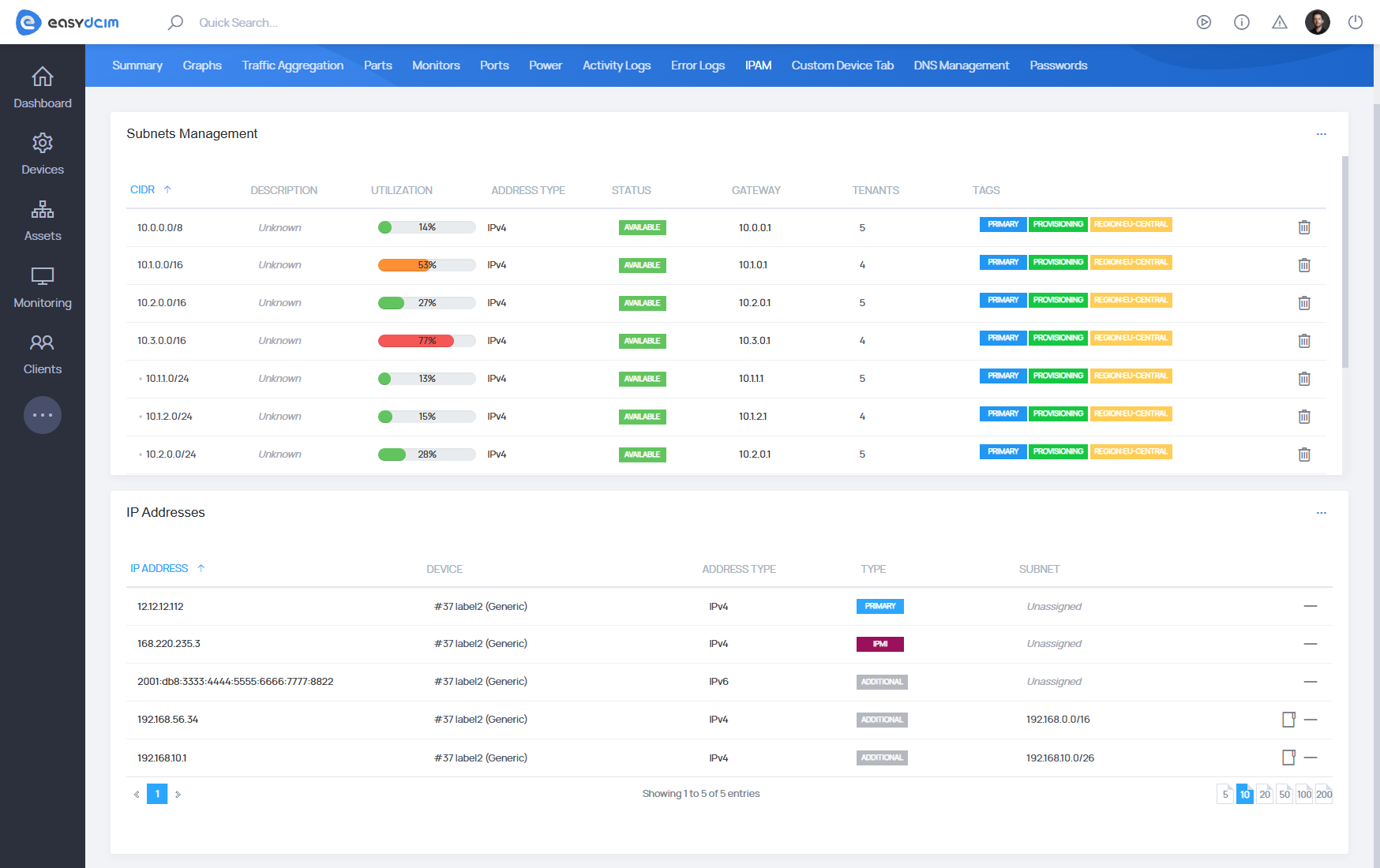 IP Address Management - Dashboard - EasyDCIM v1.21.0