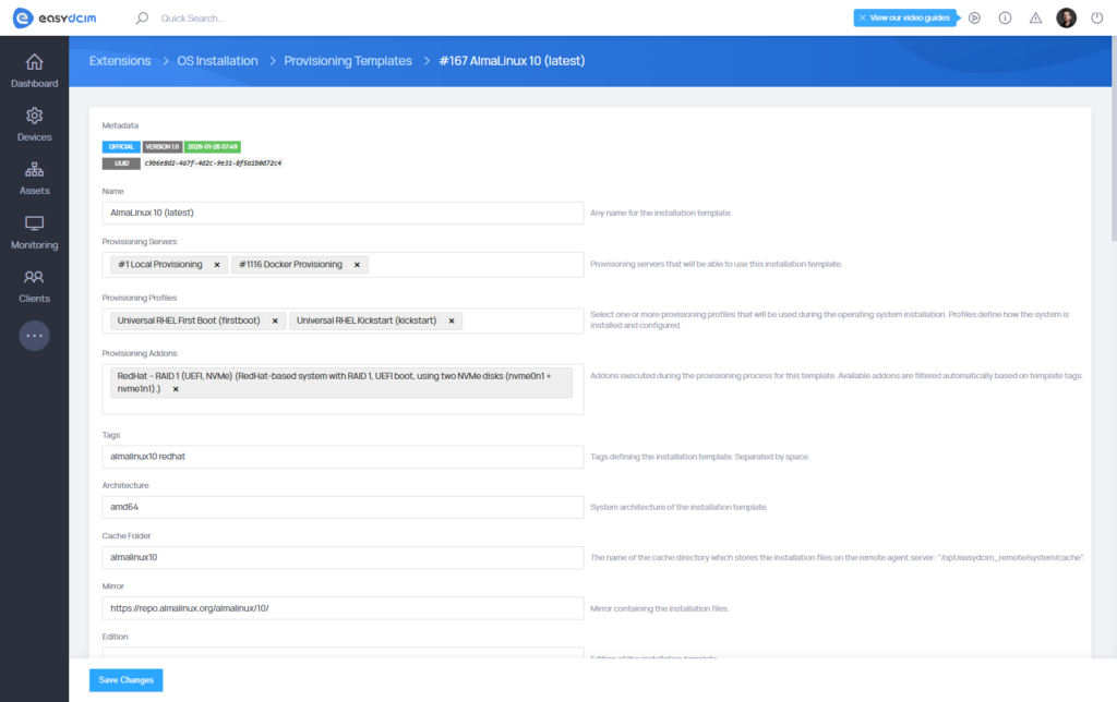 Provisioning Templates - AlmaLinux 10 - EasyDCIM v1.24.0