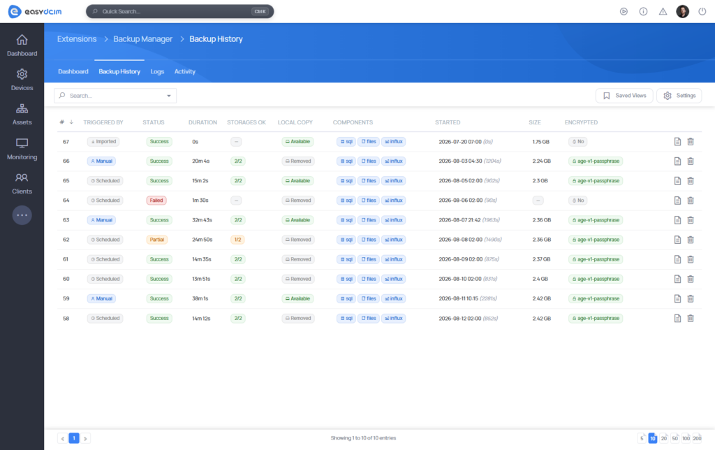 Backup Manager - History - EasyDCIM v1.27.0