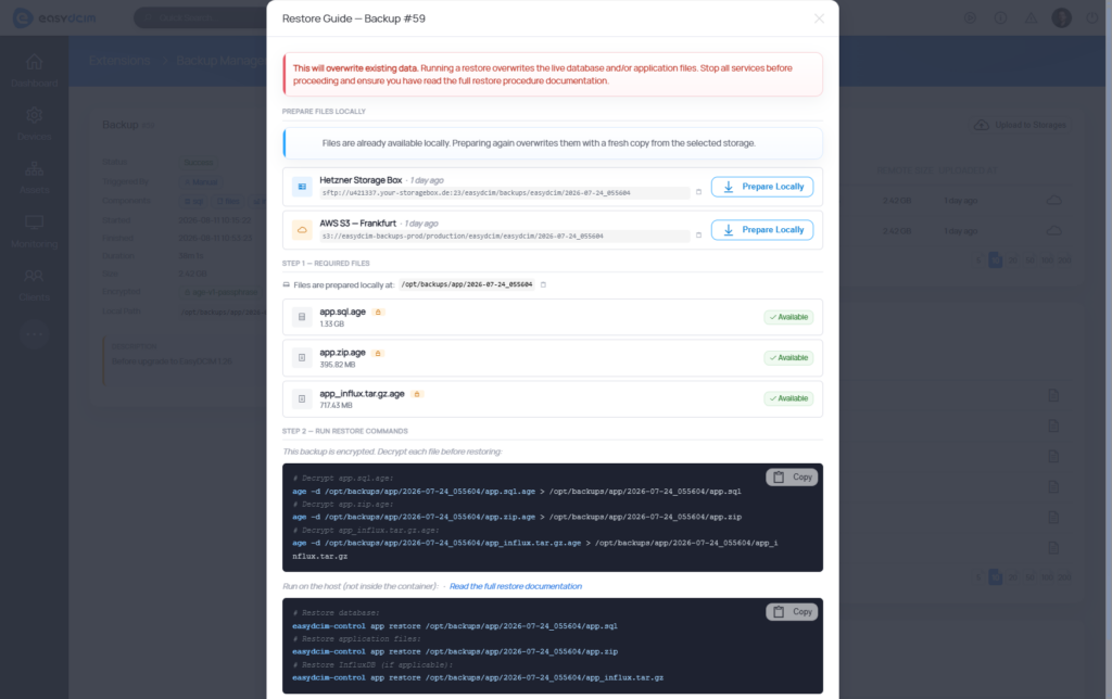 Backup Manager - Restore - EasyDCIM v1.27.0