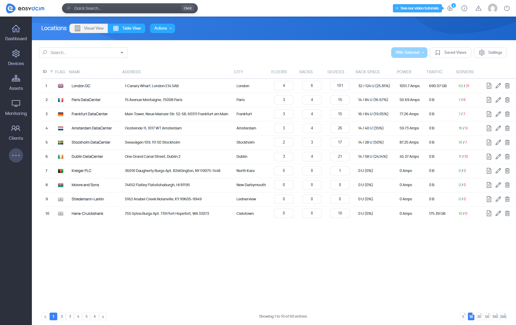 New Table View of Data Center Locations - EasyDCIM v1.28.0