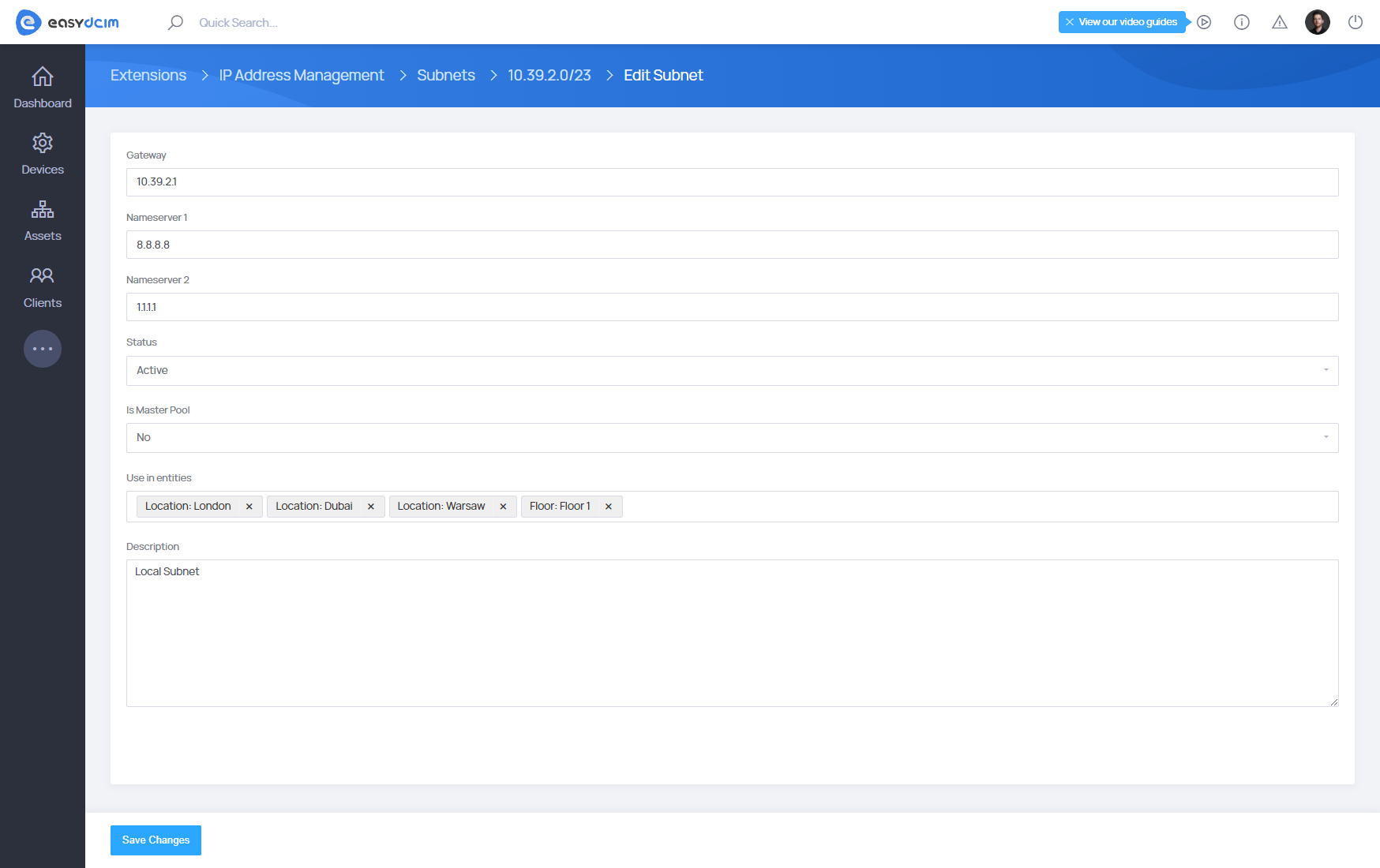 IP Address Management: Subnet Edit Form - EasyDCIM Documentation