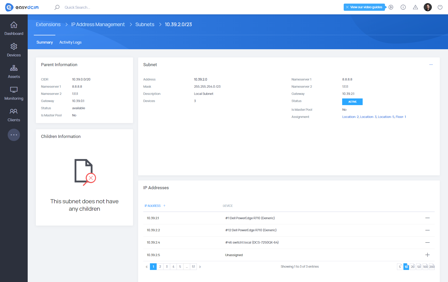 IP Address Management: Assigned Device Summary - EasyDCIM Documentation