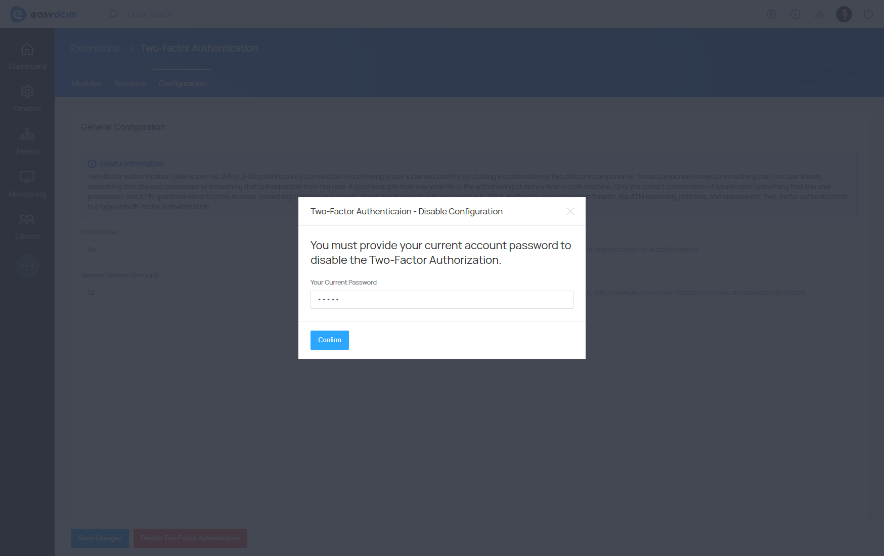 Two-Factor Authentication: Disable Authentication - EasyDCIM Documentation