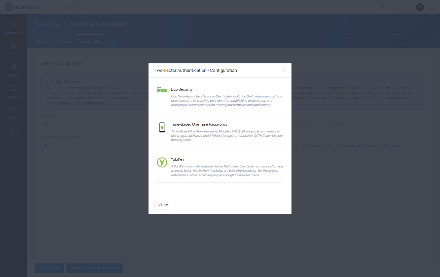 Two-Factor Authentication: Submodules Activation - EasyDCIM Documentation