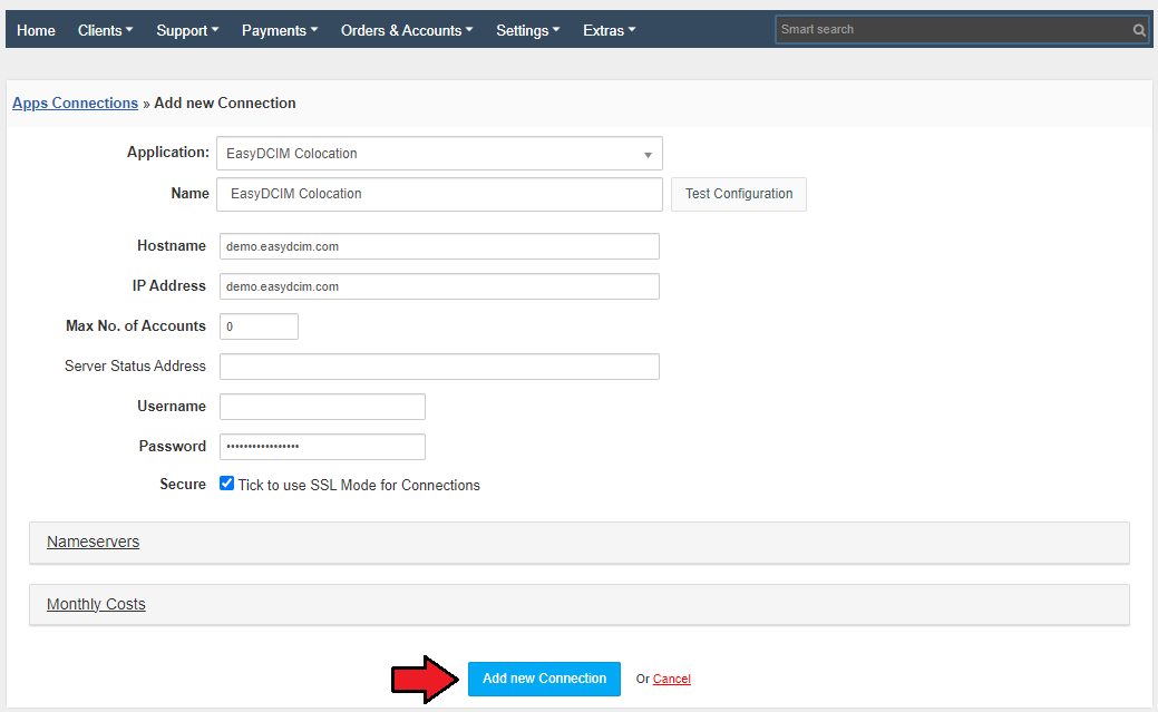 Adding New Connection: HostBill Colocation Module - EasyDCIM Documentation