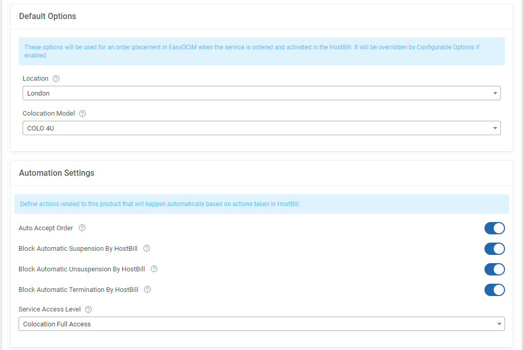 Product Default Options and Automation Settings: HostBill Colocation Module - EasyDCIM Documentation