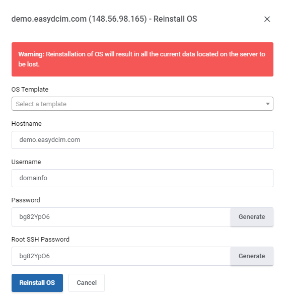 OS Reinstallation Form: HostBill Dedicated Servers Module - EasyDCIM Documentation