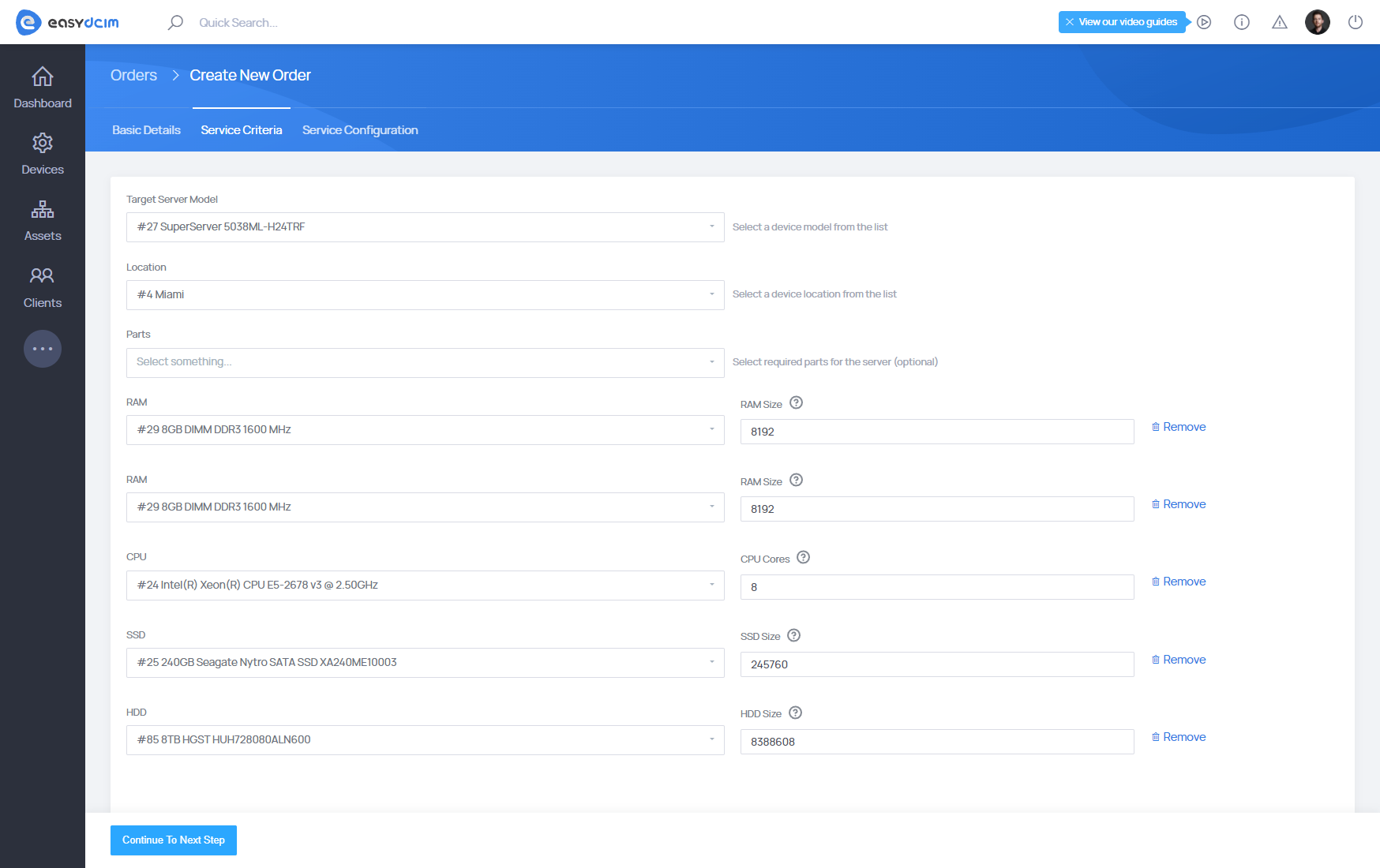 Placing Order: Service Criteria - EasyDCIM Documentation