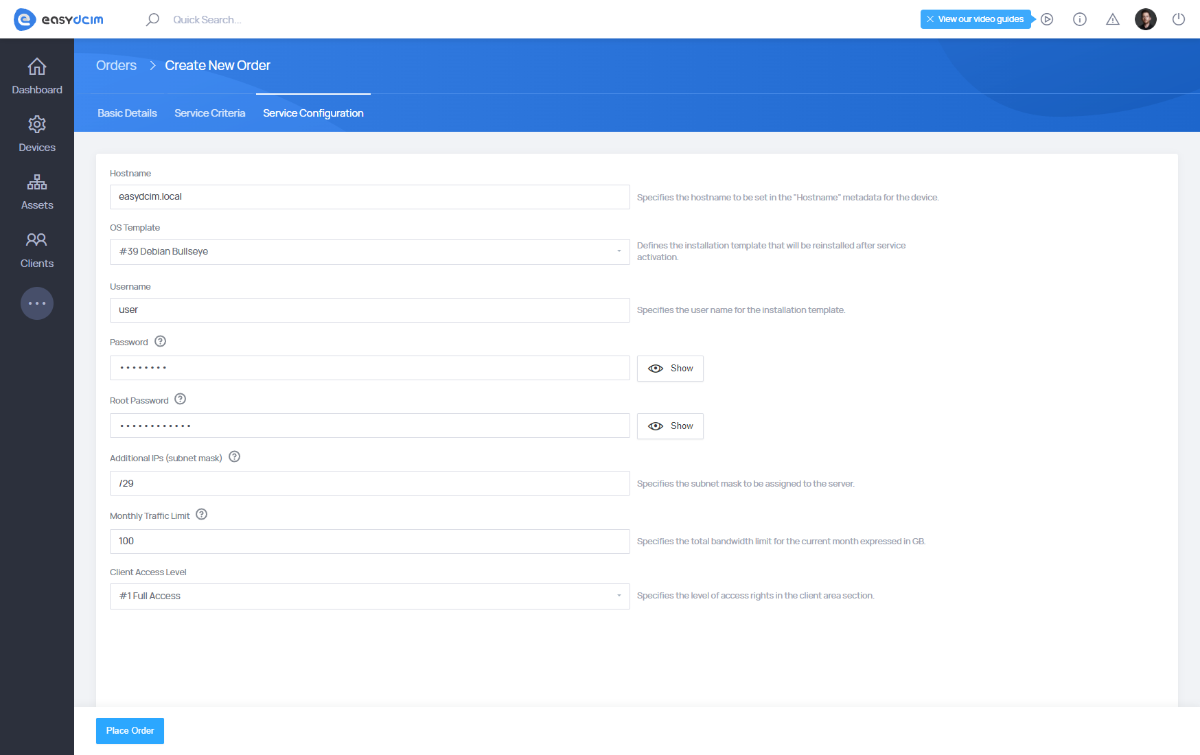 Placing Order: Service Configuration - EasyDCIM Documentation