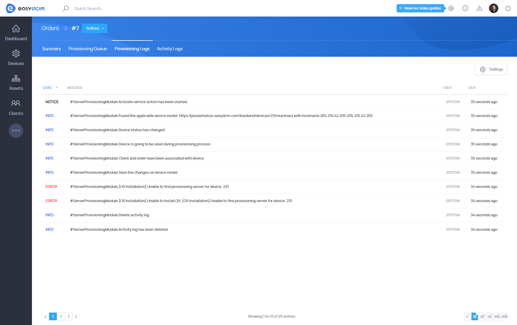 Orders Related Provisioning Logs - EasyDCIM Documentation