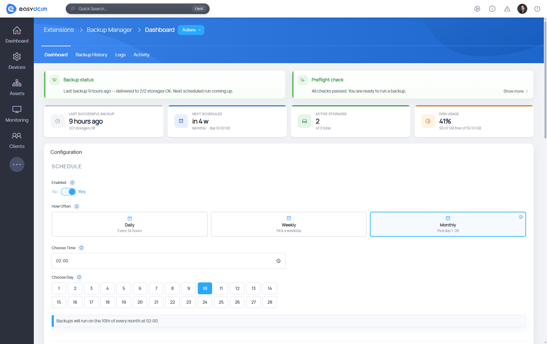 Backup Manager For EasyDCIM Extension - Dashboard
